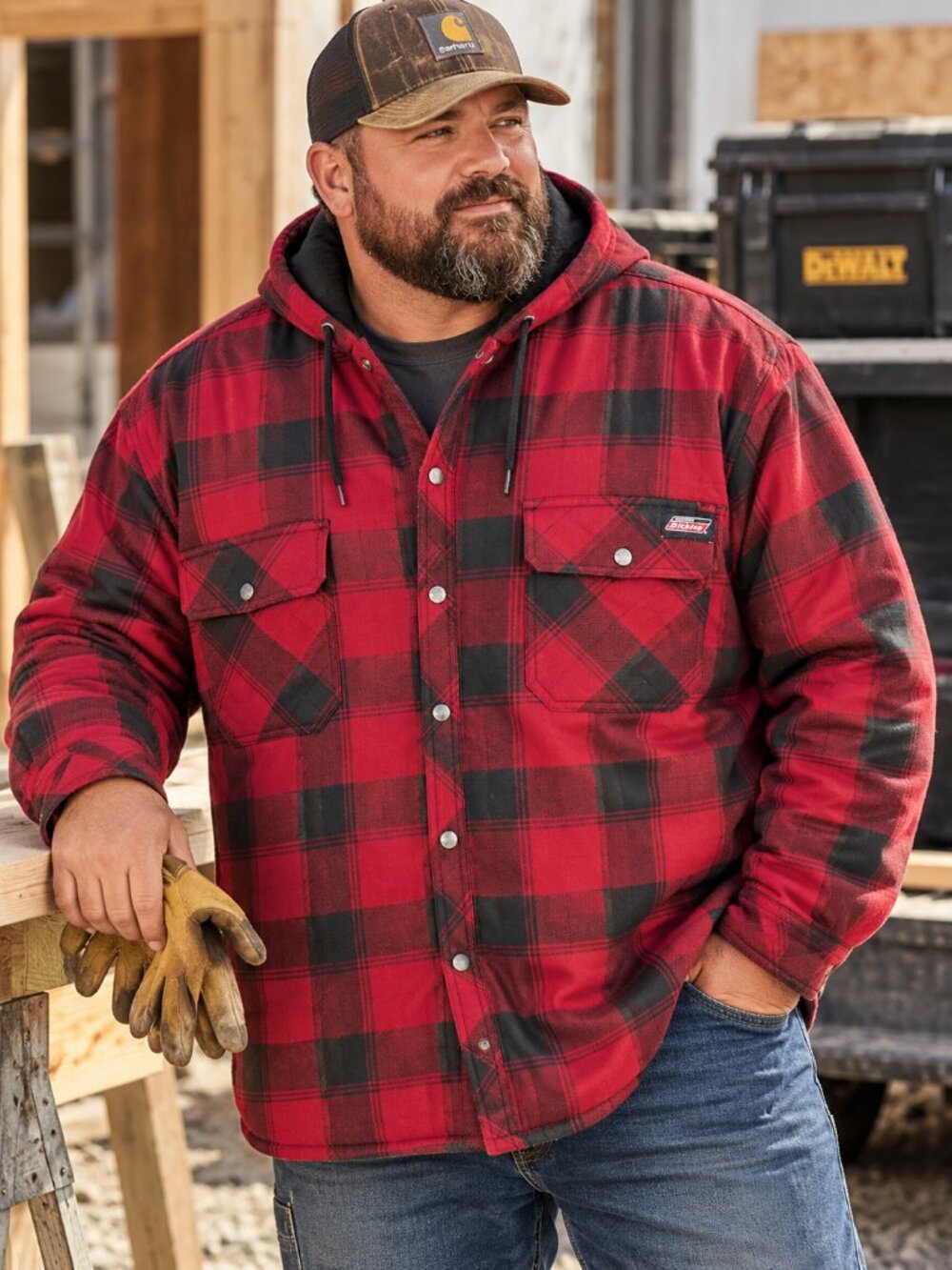 Dickies 2XL Red Black Plaid Hooded Work Jacket Workwear Lumberjack Utility